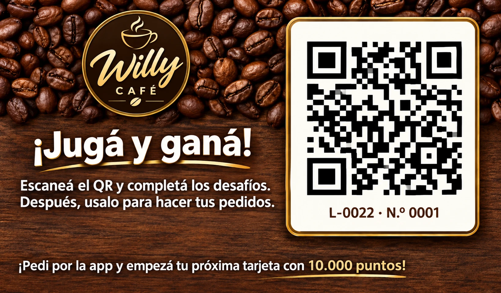 Tarjeta de ejemplo de un café: «¡Jugá y ganá!» con un código QR para escanear
